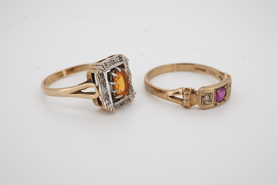 Two modern 9ct gold and gem set rings, including a ruby and diamond three stone, gross weight 6.5 grams. Condition - fair